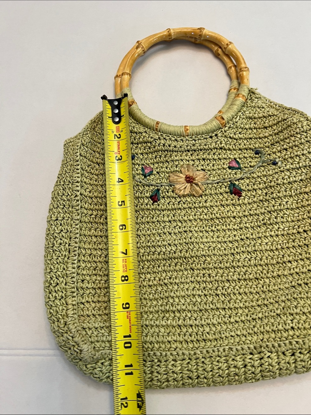 SCALA GAL Y2K GREEN WOVEN TWINE WITH FLOWERS WITH BAMBOO HANDLES BAG PURSE - Picture 8 of 12